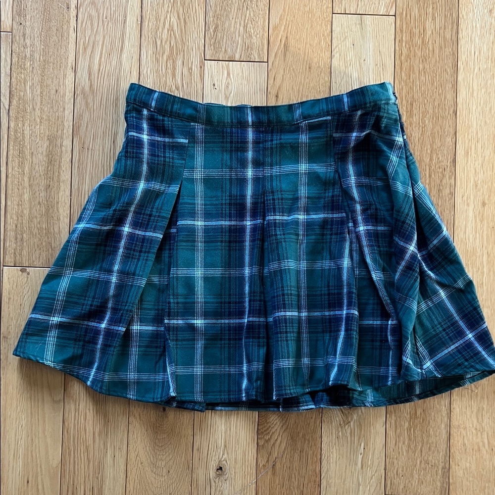 SO Green Navy Blue Plaid Mini Skater Skirt Invisible Zipper